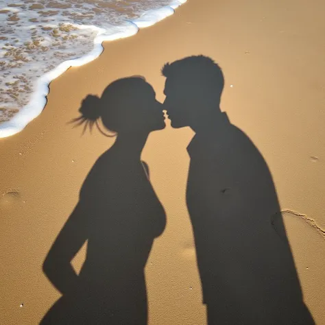 Create image The image shows the shadows of a kissing couple, a woman and a man with their hair in a bun projected on the sand of a beach, with the water&#39;s edge and sea foam visible. Shadows suggest that people are close to each other, one slightly ahe...