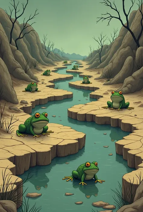 Cartoon Empty ponds with sad frogs 