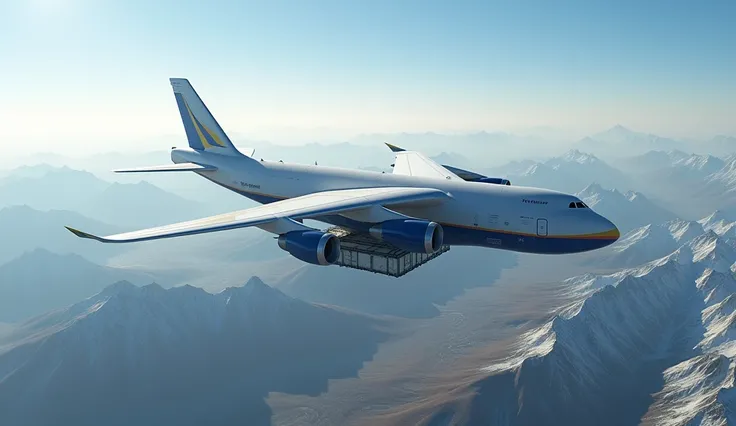 The Antonov An-225 Mriya flying high over vast mountain ranges, with a massive cargo container strapped underneath its belly. The sky is clear with a few clouds scattered, emphasizing the aircrafts altitude. The wings stretch out majestically, while the sh...