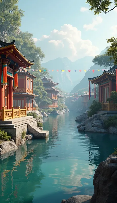 Create a 3D cinematic scene with traditional elements along the riverbank, such as colorful prayer flags fluttering in the breeze and ornate temples. These elements should be detailed and culturally accurate, adding to the river’s sacred atmosphere."