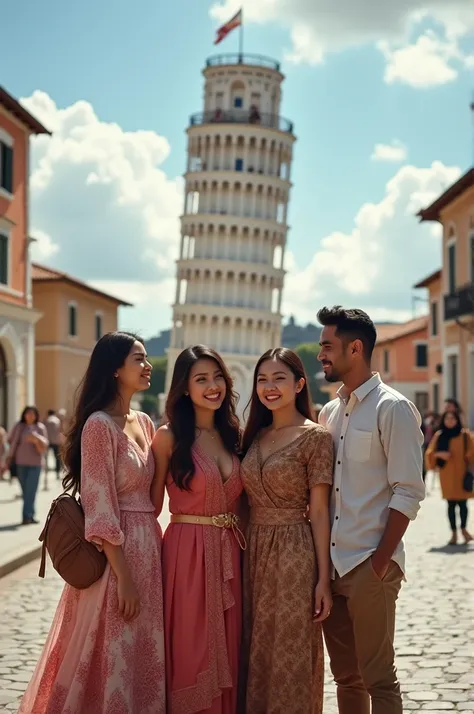 Tiga orang wanita cantik Indonesia dan tiga orang laki-laki ganteung Indonesia,sedang berlibur dengan kota Italia dengan baground menara miring Pisa berpose romantis, realistis 