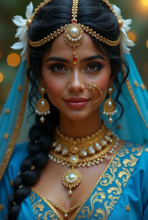 Indian lady She wears a radiant blue garment and Her splendid bodily luster appears like molten gold, stationary lightning, or the yellow pigment called gorocana. Her face is as splendid and clear as millions of full-moons. Her large lotus-like eyes are li...