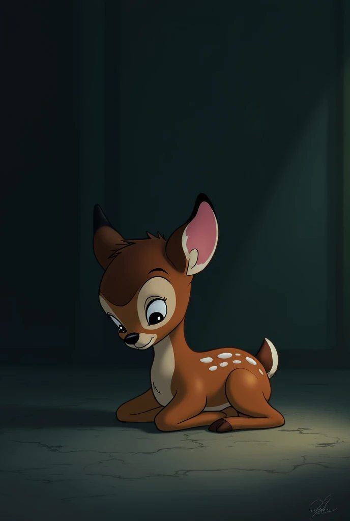 Sad Bambi, sad sitting on the dark floor