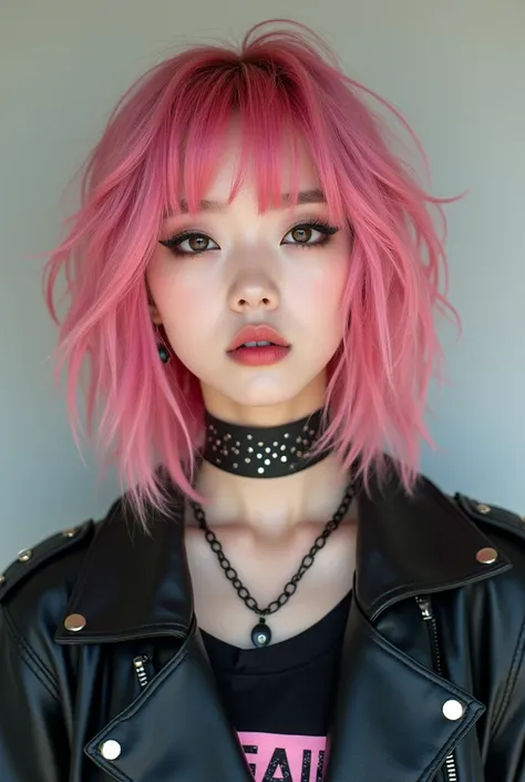 A real front view photo of a pink haired Korean teenage girl with a rocker style