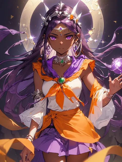 perfect anatomy, precise illustration, extremely detailed CG, ((masterpiece, best quality, extremely detailed, absurdres)), (background bokeh),
(Minea from DQ4), fortune teller, (Silver Tarot), medium breasts, (long hair, straight hair), purple eyes, (dark...