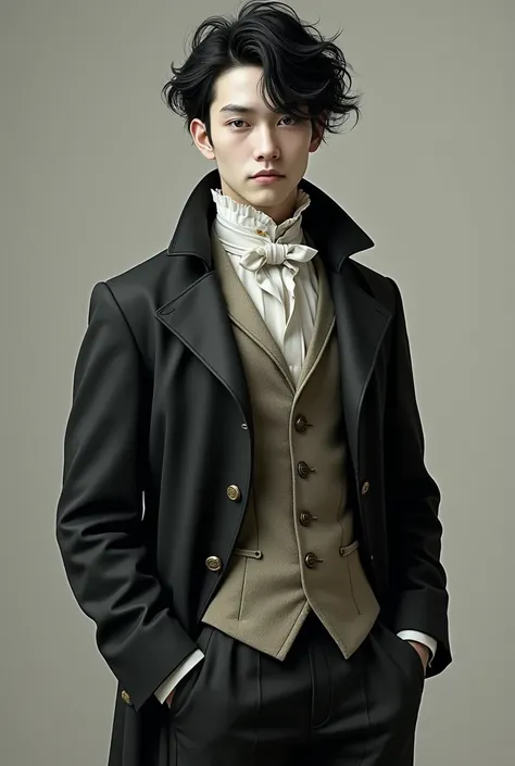 Create a white skinned boy, Gray eyes and light black hair that is messy ,that he is tall and that dress is like the full body Victorian era that he is a young man of 2