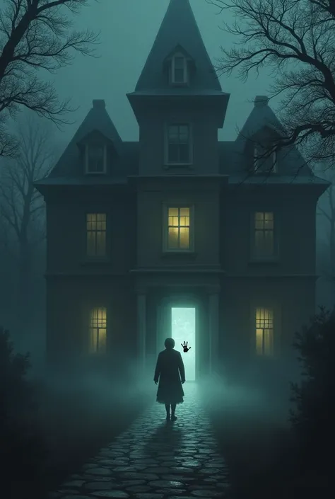 The front of the mansion is shown, with the door slightly ajar. Outside, the village appears quiet, with mist swirling around. A ghostly handprint is left on the door, suggesting that someone or something unnatural has knocked.