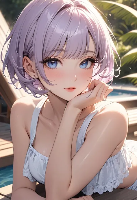 ((Best quality)), ((Masterpiece)), (details), 1 woman, Small breasts, Light purple hair, Blue eyes, ((Short hair)), Bangs , Beautiful face, Beautiful skin, Long eyelashes, Thick eyelashes, , (((Adult women, milf))), detailsที่ซับซ้อน, Summer set, Romantic ...