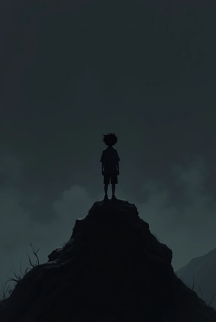 A boy alone at the peak black background