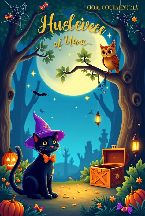 Crée une page de garde sans titre pour un livre pour enfants avec une forêt enchantée sous un ciel nocturne étoilé et une pleine lune. Shows a little black cat named Hugo, wearing a purple wizard hat and an orange bow tie, debout à gauche. Beside, A golden...