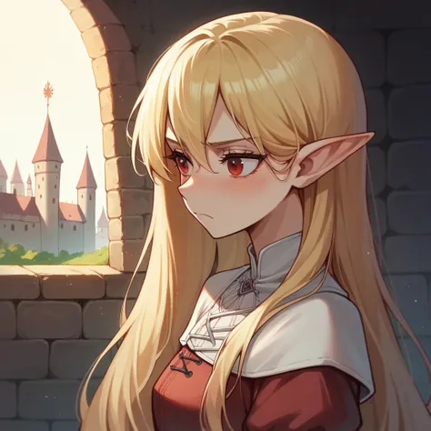 1 , red eyes, pointy ears, Anatomically correct, blonde hair, very long hair, Blush, tusk, cryin, frown, medieval castle, black and burgundy medieval dressSide view, 