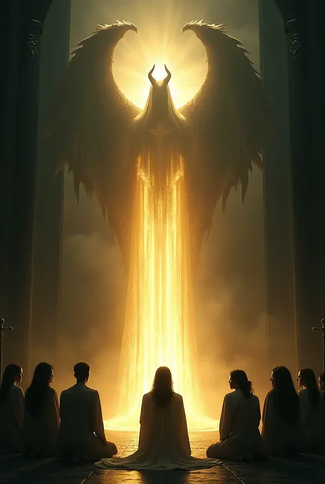 A glowing, saint-like figure being worshipped by kneeling people. The figure’s shadow, however, reveals demonic horns and wings, symbolizing the hidden evil behind the benevolent facade. The worshippers are unaware, creating a contrast between light and da...