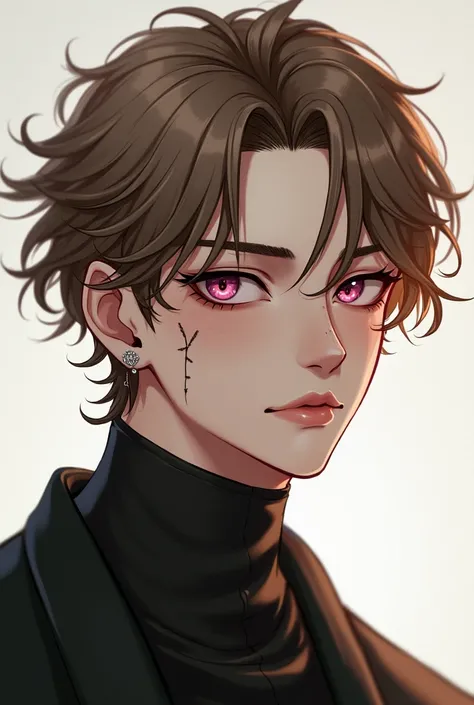 Un personnage, male, , pink eyes, one beauty mark under his left eye and the other beauty mark right side of his mouth, hair light brown, ear piercings, long eyelashes.