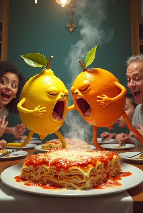 A lemon fighting with an orange in front of a lasagna with several people at the table
