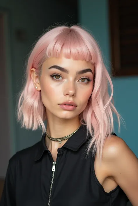 Crée une nouvelle femme à partir de cette image elle a 20 ans elle a des origine hispanique et aussi chinoiselle a lanpeau mate  elle est belle naturelle est naturel  Elle a une coupe de cheveux carré avec une frange épaisse rose pastel elle a des sourcil ...