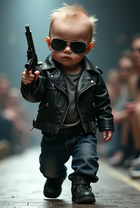 an adorable  baby, real, wearing a costume of the character, THE TERMINATOR, the same one the character wears in the movie and wearing sunglasses like the character, holding a gun like the one the character used in the movie, the baby parading on the catwa...