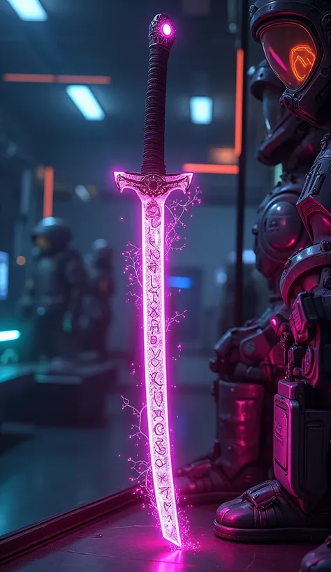 Neon technomagic katana, covered in runes, in the armory, Cyberpunk, Futuristic fantasy 