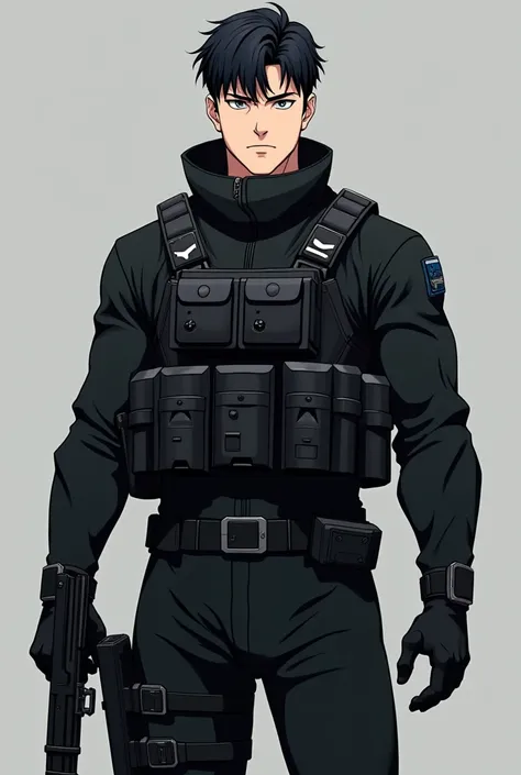 Anime Style Handsome Tall Man 1.80m, 30 years old, black hair, medium build, Korean style, tough appearance and muscles, with gray eyes and a serious, easy expression. His clothes are black from his feet to his neck and his costume is similar to that of a ...