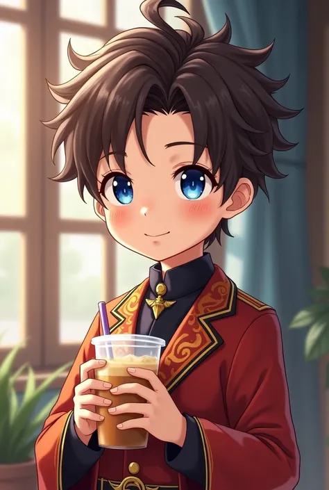 A boy character around 5-, have blue eyes and hairstyle like Tartaglia, a brown hair like Zhongli and face like Zhongli, wear Sumeru akademiya uniform, holding milktea