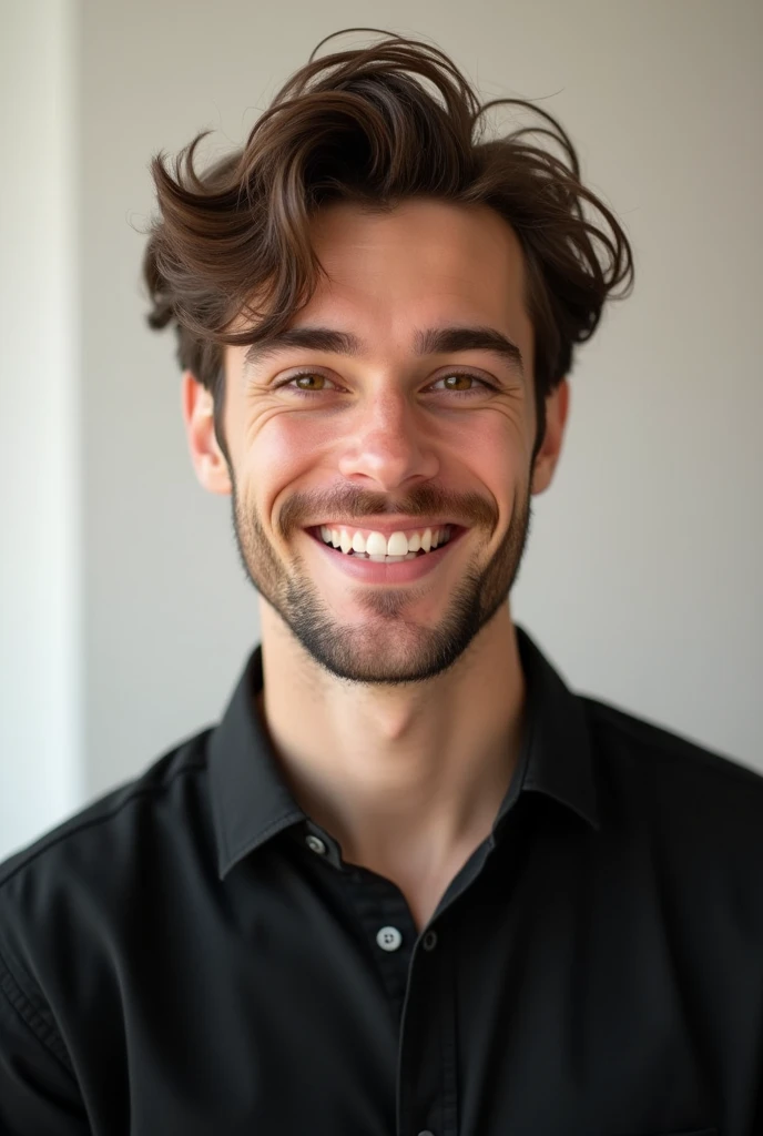  a young man of , White, brown hair and eyes smiling, wearing a black shirt in.no beard,  <xml><input>realistic</input></xml>