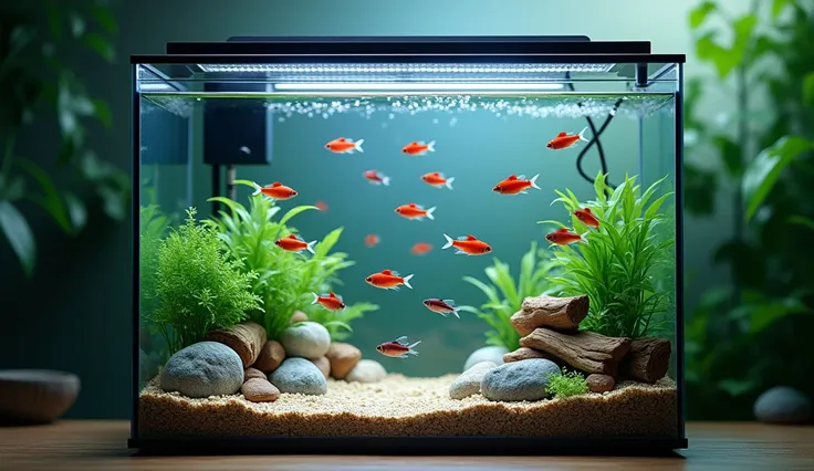 A beginners aquarium with Neon tetras and simple decorations and with water filter working releasing water bubbles, giving the aquarium slight movement in the water; Photorealistic, 8K, (melhor qualidade, 4K, 8K, alta resolução.