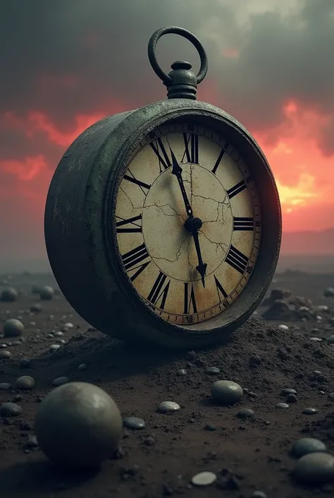 A broken, ancient clock with cracks running through it, symbolizing time running out. Behind the clock, a dark, desolate landscape stretches out, with a hint of a red sky and ominous clouds, signaling the end of days.