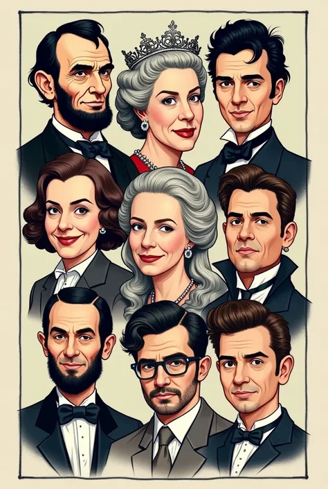 YouTube channel profile picture. Historic figures like Lincoln, The Queen, Stalin, Tesla, Elvis etc in a comic drawing style. The faces should look like real prototypes 