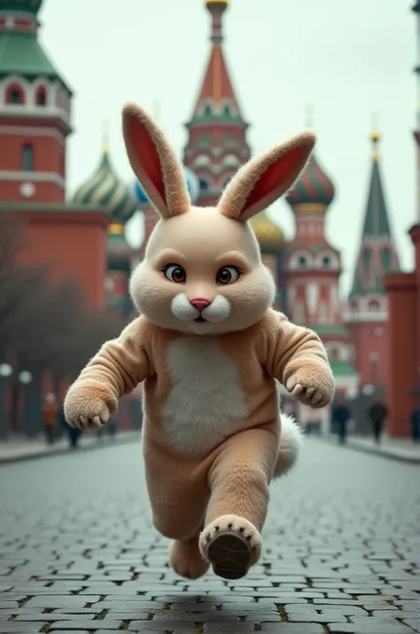 A bald man dressed in a hare costume runs around the Kremlin