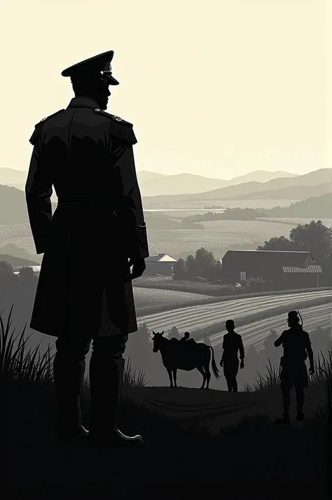 Create a silhouette illustration of a farm colonel looking down on his employees 