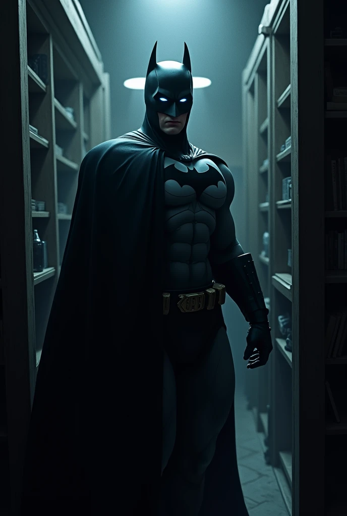 an blue eyed Batman wearing a grey and black suit entering a cabinet