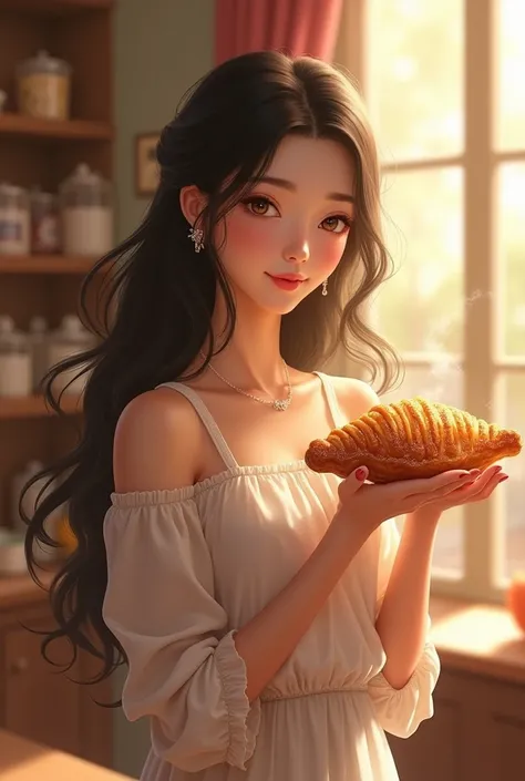 A woman holding a fried pastry
