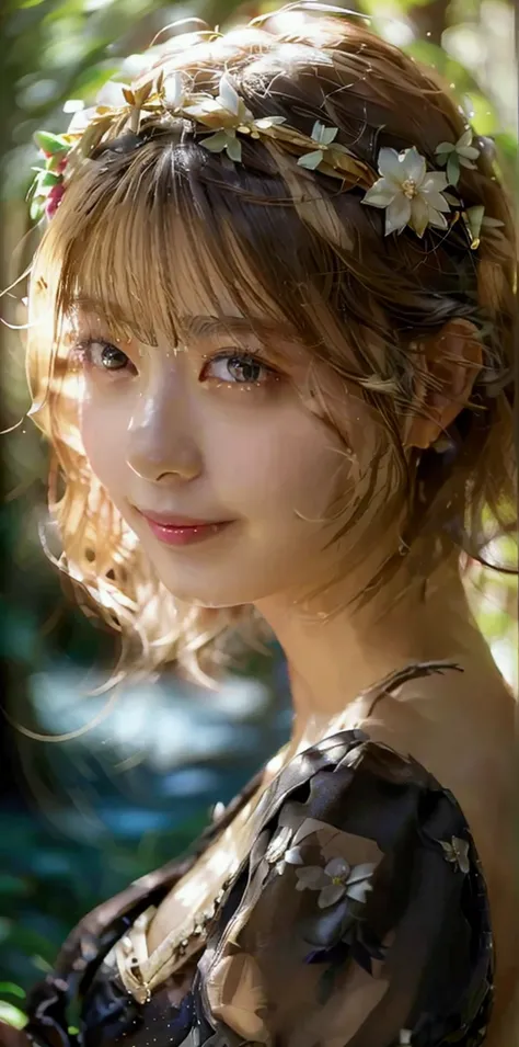 Very detailed, masterpiece, Cinema Lighting Digital Photography, art,girl, blonde,Short Hair,Happy smile,sexy,suit,(masterpiece, Side light, complicated, elegant, Very detailed,river,elegant,Crown,Luxurious,Flower Hair Ornaments,Mysterious Forest,beautiful...