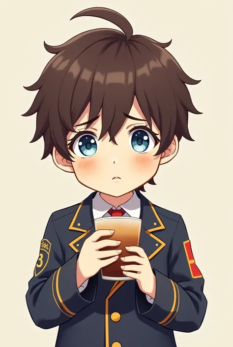 A boy character around 5-, have blue eyes and hairstyle like Childe/Tartaglia, a brown hair and eye like Zhongli and face like Zhongli, wear Sumeru akademiya uniform, holding milktea, confused expression