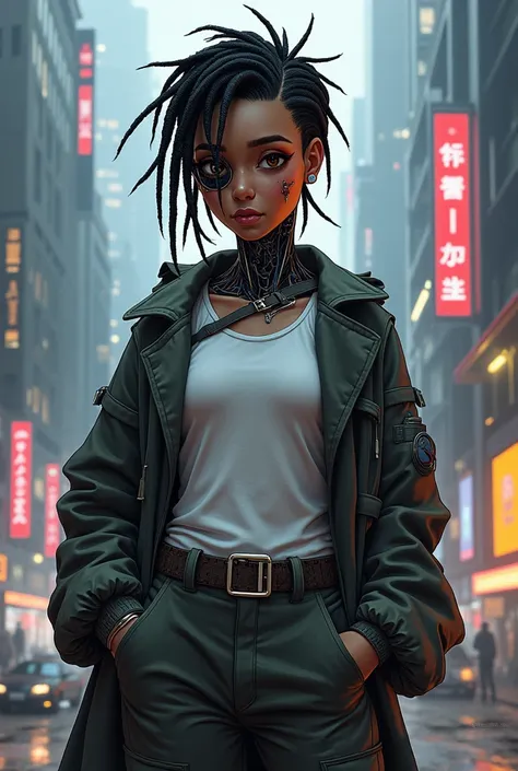 half robot woman, short hair with dreadlocks, half cybernetic face, cyborg woman, wearing pants and t-shirt and coat, futuristic CITY cyberpunk style ON BACKGROUND, 2D DRAWING, 2D ART, Cyberpunk STYLE