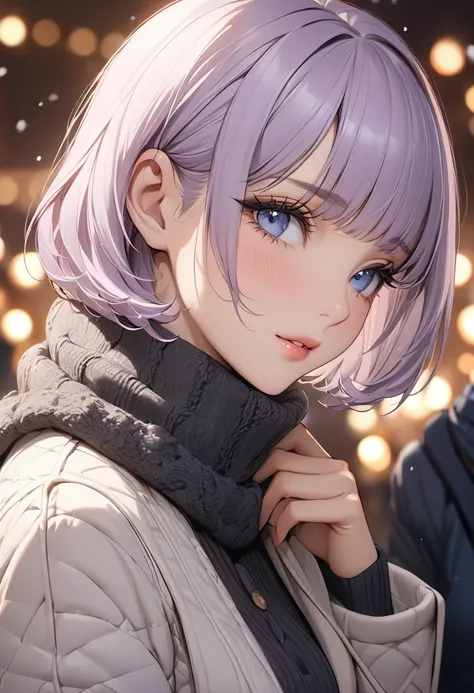 ((Best quality)), ((Masterpiece)), (details), 1 woman, Small breasts, Light purple hair, Blue eyes, ((Short hair)), Bangs , Beautiful face, Beautiful skin, Long eyelashes, Thick eyelashes, , (((Adult women, milf))), detailsที่ซับซ้อน, Winter outfit, Romant...