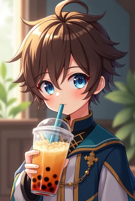 A boy character around 5-, have blue eyes and hairstyle like Childe/Tartaglia, a brown hair like Zhongli and face like Zhongli, wear Sumeru akademiya uniform, drinking boba milktea