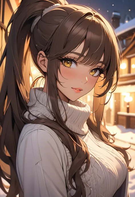 ((Best quality)), ((Masterpiece)), (details), Young woman, Medium chest, Brown hair, Yellow eyes, ((Long hair, ponytail)), Handsome face, (Tanned:1.3), Long eyelashes, Thick eyelashes, , (((Adult women, milf))), detailsที่ซับซ้อน, Winter outfit, Romantic a...