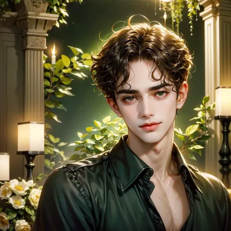 1boy, (((male))), dark brow hair, (((curly hair))), short hair, brown eyes with green flashes, thoughtful, mischievous, Kubrick&#39;s look, very detailed eyes, beautiful face, angel face, elegant victorian beige and black clothes with golden, victorian sui...