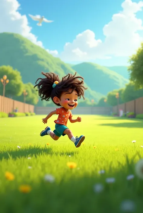 Create a Pixar-like image of a girl running on a soccer field