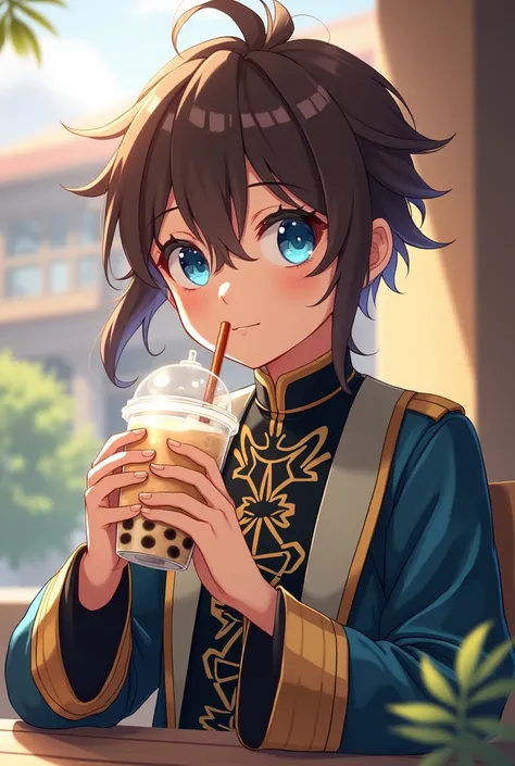 A boy character around 5-, have blue eyes and hairstyle like Childe/Tartaglia, a brown hair like Zhongli and face like Zhongli, wear Sumeru akademiya uniform, drinking boba milktea