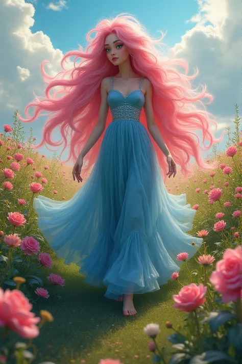 Aunt Niceia with giant long pink hair in a blue dress walking in a flower field
