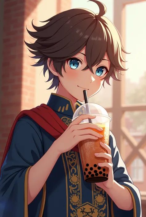 A boy character around 5-, have blue eyes and hairstyle like Childe/Tartaglia, a brown hair like Zhongli and face like Zhongli, wear Sumeru akademiya uniform, drinking boba milktea