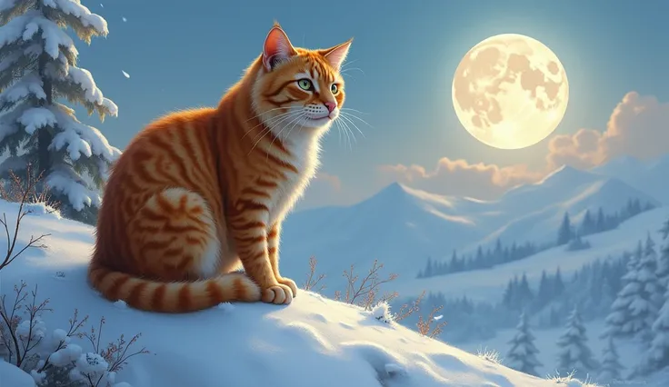 painting of a cat sitting on a snowy hill with a full moon in the background, cat. Digital Painting, warrior cats fan art, ginger cat, warrior cats, a painting of a cat, Beautiful digital images, Very very beautiful furry art, adorable Digital Painting, De...