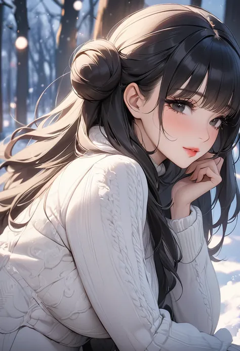 ((Best quality)), ((Masterpiece)), (details), 1 woman, Medium chest, Black hair, Black eyes, ((Long hair, buns)), Bangs , curve, Beautiful face, Beautiful skin , Long eyelashes, Thick eyelashes, , (((Adult women, milf))), detailsที่ซับซ้อน, Winter outfit, ...