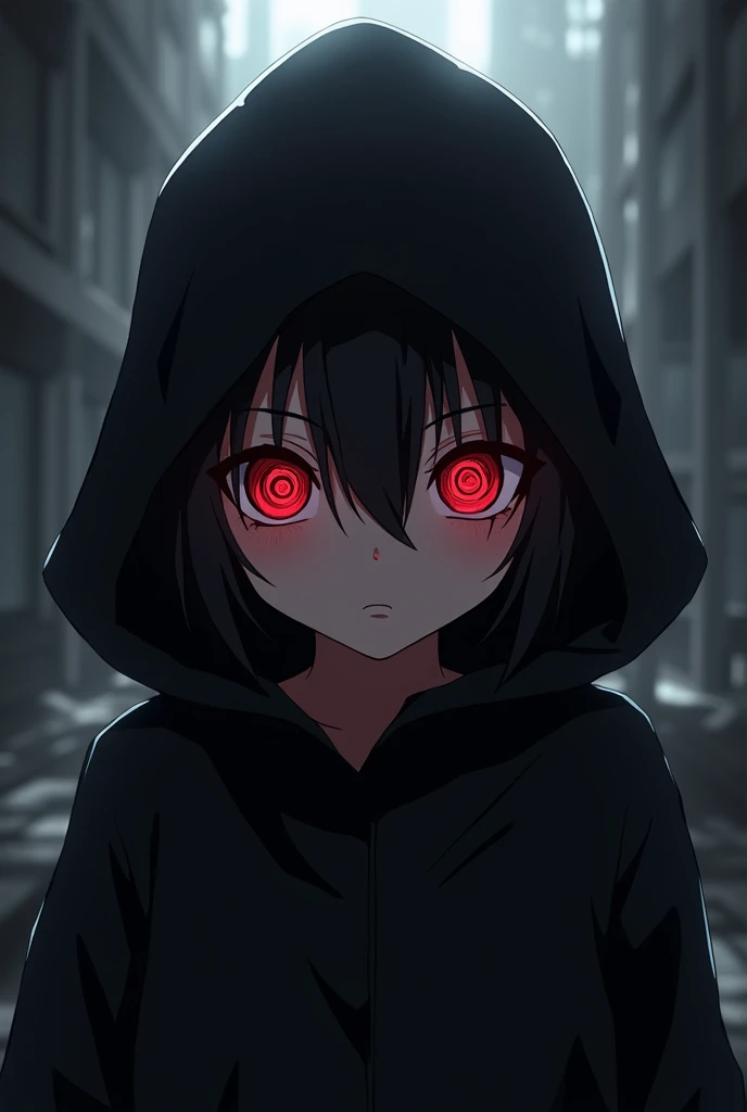 Create me an anime character, with Renningan in both eyes who wears a completely black outfit with a hood and is a child