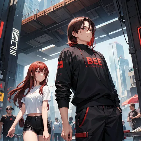 friends,a man with dark brown hair,andulated ,very short hair ,and a girl with long red hair, the man is wearing simple clothes and black pants, man is wearing bee clothing style, the girl is wearing a long white shirt that hits her thighs and short shorts...