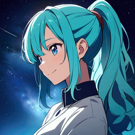   ,anime  woman ,  long turquoise hair .ponytail. ,blue  Eyes, I smile, Simple background, Great job, precise, Anatomy Best Quality, Looking at the Starry Sky Side View at Night