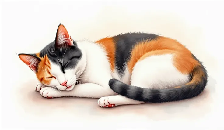 Watercolor painting of a calico cat sleeping 