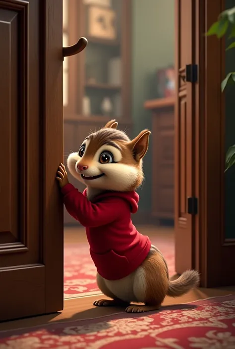 Alvin and the Chipmunks with his ear on the door listening to other people&#39;s conversations in 4k