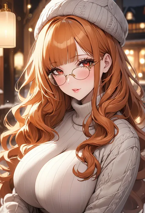 ((Best quality)), ((Masterpiece)), (details), 1 woman, Big Breasts, Orange hair, Red eyes, ((My hair is very long., long wavy hair)), (Bangs:1.5) , curve, large chest, huge breasts, Beautiful face,  Beautiful skin , Long eyelashes, Thick eyelashes, Gold fr...